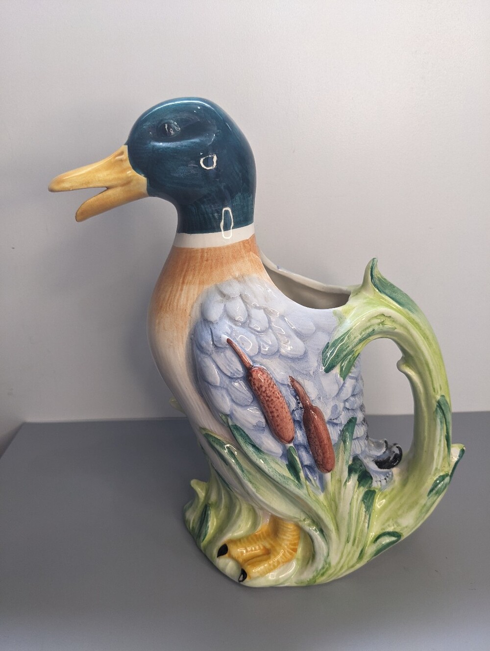 Vintage Italian Majolica Duck Pitcher Hand Painted Ceramic Mallard Home Decor